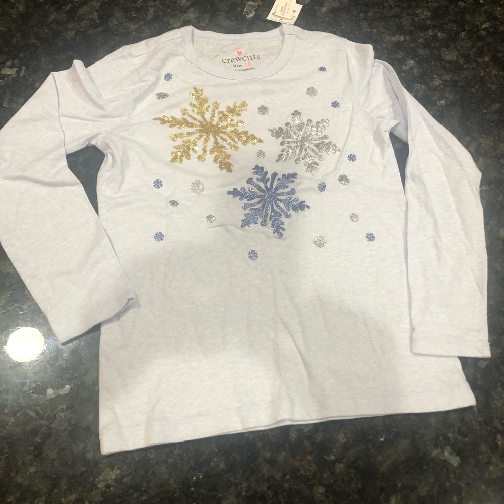 NWT Crewcuts light blue tee. Size 10. Sparkly snowflakes. J. Crew.